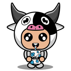 vector cartoon character cute cow animal mascot costume drinking milk