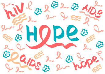 World AIDS day banner in doodle style on white background. Red ribbon hope symbol for people awareness campaign, patient support, emblem,  madical conference or other use. Vector illustration.