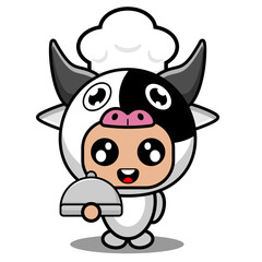 vector cartoon character cute cow animal mascot costume wearing hat chef waiter