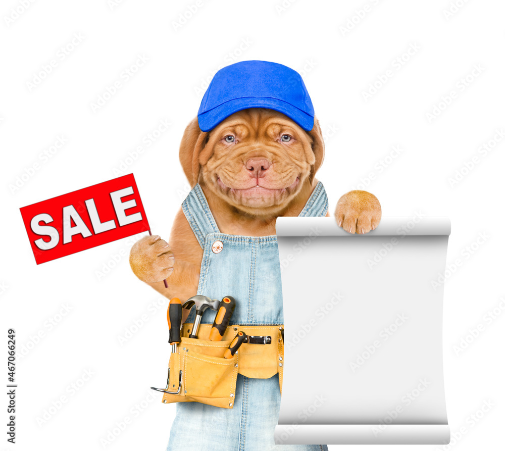 Aufkleber funny mastiff puppy worker wearing blue cap and tool belt and overalls holds sales symbol and empty 