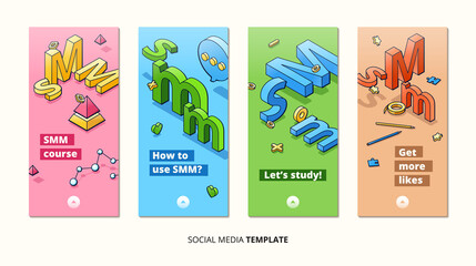SMM, social media marketing isometric banners. Influencer concept of attracting followers, getting likes or feedbacks, web content promotion strategy, business campaign, 3d vector line art posters