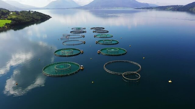 Aerial view of Fish hatchery production pools, in Norway - rising, tilt, drone shot