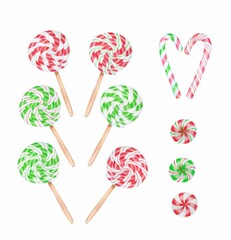 Christmas candy canes and lollipops collection isolated on white, watercolor illustration