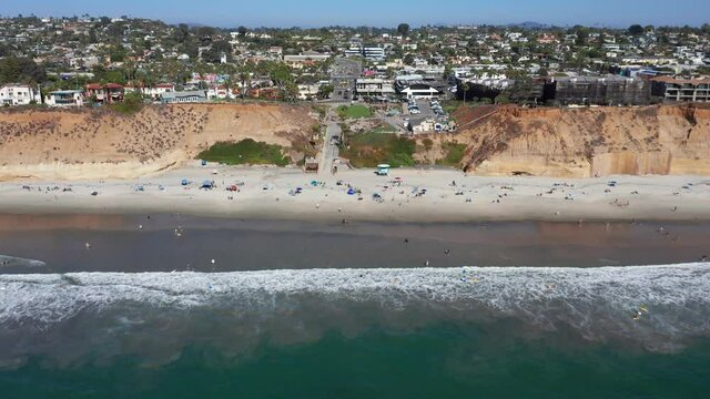 Drone shot of Solana Beach and coastal city in San Diego. Aerial landscape view.