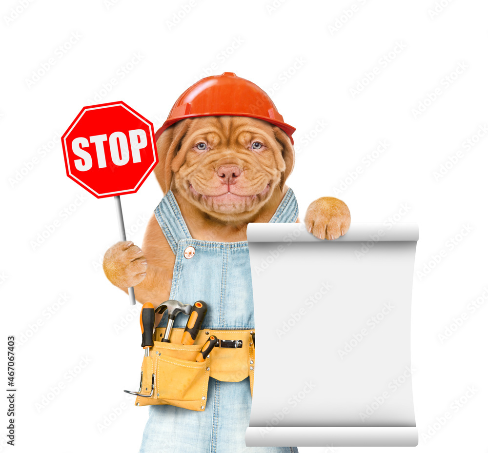 Poster Smiling Mastiff puppy wearing helmet and overalls with tool belt shows stop sign and empty list. Isolated on white background