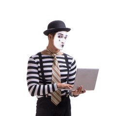 Mime with laptop isolated on white background