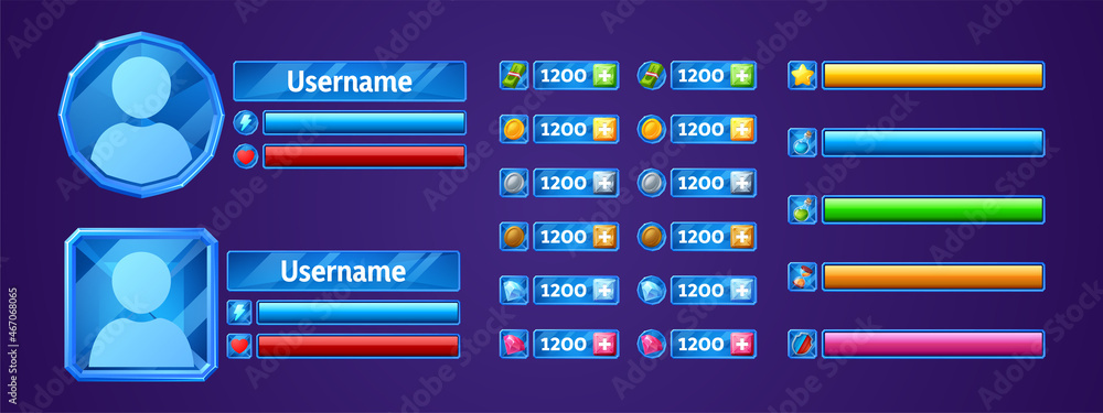 Poster user profile ui elements for game with avatar, bars and icons in round and square blue crystal frame
