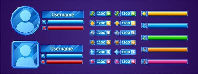 User profile ui elements for game with avatar, bars and icons in round and square blue crystal frames. Vector cartoon set of game design interface for display health, power, money and assets © klyaksun