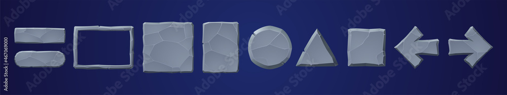 Poster stone game tablets, buttons, cartoon interface plaques, frames and arrows of rocky texture. menu boa