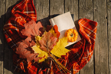 Obraz premium Open book with orange pumpkin, bouquet of autumn leaves with a plaid on a wooden background. Autumn mood. Read and rest. Cozy autumn concept.