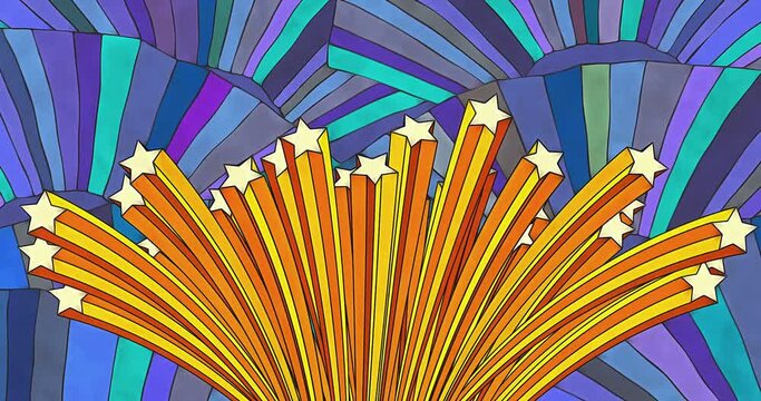 A bright burst of stars in a late sixties or early seventies graphic style. Blue background with colorful fans of varying hues. Animation has an ink and watercolor look in a vintage pop art style.