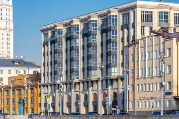 Close-up of a high-rise building of a bright representative of Soviet architecture  in historical...