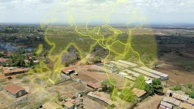Digital  earth Grid Over in Africa settlement. Beautiful View from aerial drone view in Loitokitok kenya. Futuristic Abstract Network Growing and Covering Planet.