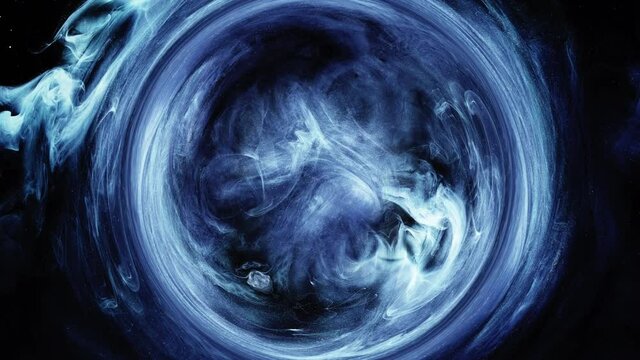 Vapor swirl. Logo reveal frame. Flare haze animation. Blue steam circle vortex motion on dark abstract night sky background with glitter dust particles.
