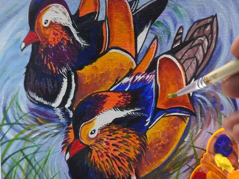 oil painting Mandarin ducks swimming in the swamp in the countryside , Palette , paintbrush 