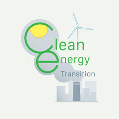 Clean energy transition typographic design. Transition to renewable energy is necessary for bringing carbon emissions to net zero. Vector illustration outline flat design style.