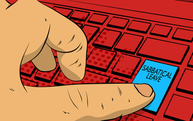 Sabbatical leave words on computer keyboard. Man push keypad on laptop. Comic book style concept. Break from job stress concept. - obrazy, fototapety, plakaty