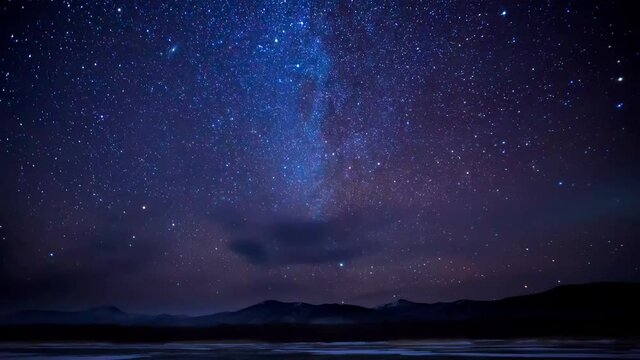 Night shot of the starry sky. Time Laps. The Milky Way moves across the sky in the Sikhote-Alin Nature Reserve with a snake. The motion of the starry sky over a frozen lake.