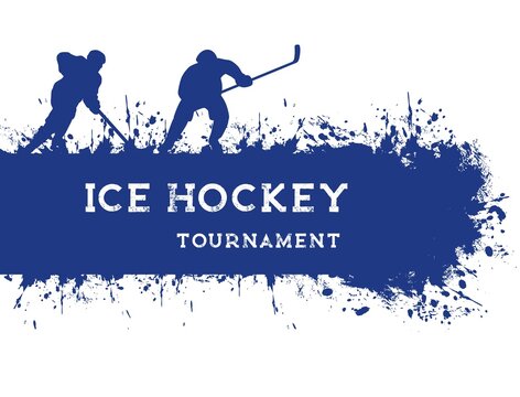 Ice hockey sport vector grunge poster with players, tournament or championship. Ice hockey club emblem with blue silhouette of layers, goalkeeper and forwarder with puck and hockey stick