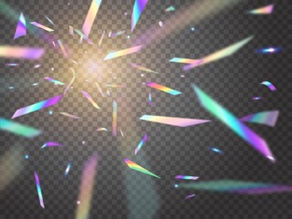 Holographic falling confetti glitters with bokeh lights on transparent background. Vector sparkling tinsel or rainbow foil confetti, surprise decor for Birthday and Christmas party celebration
