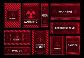 Danger and dangerous zone warning red frames. Vector HUD interface caution message holograms, warning and attention windows of radiation hazard area and high voltage zone, skulls and exclamation sign