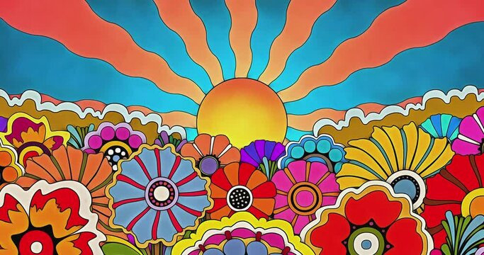 A pop art retro flowers and sunburst animated illustration in the style of vintage 1960s or 1970s psychedelic artwork. The view slowly zooms in across the bed of flowers towards the wavy sun rays.