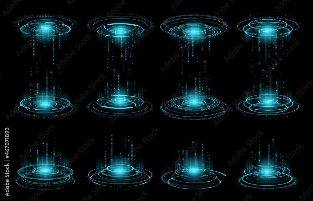 Poster HUD futuristic circular virtual portal. Double-sided and one-sided game portal. Future space travel technology, virtual reality cyberspace and sci fi data transfer interface vector portals