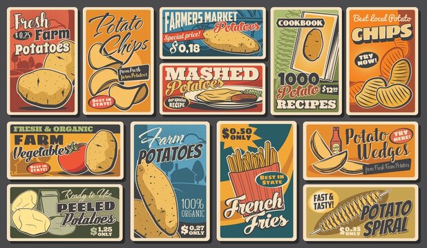 Potato food products, french fries, wedges and chips, vector vintage retro posters. Farm food vegetables and market products, mashed potatoes and tomato ketchup, organic agriculture harvest