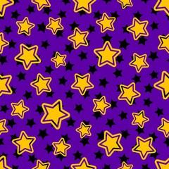 Fototapeta premium Golden and small black stars on purple sky seamless pattern background