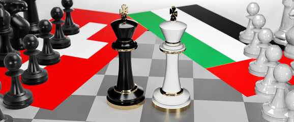 Switzerland and United Arab Emirates - talks, debate or dialog between those two countries shown as two chess kings with national flags that symbolize subtle art of diplomacy, 3d illustration