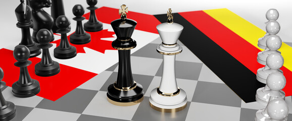 Canada and Germany - talks, debate, dialog or a confrontation between those two countries shown as two chess kings with flags that symbolize art of meetings and negotiations, 3d illustration