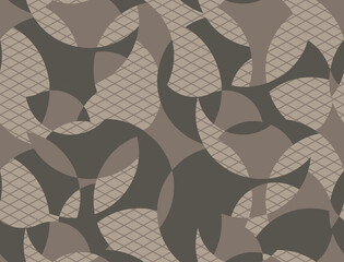 Military rounded camo seamless pattern. Geometric camouflage backdrop in sand and desert brown color. Stock vector background.