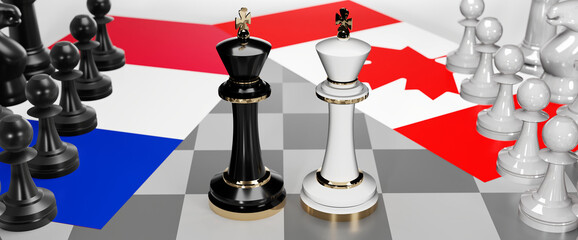 France and Canada - talks, debate, dialog or a confrontation between those two countries shown as two chess kings with flags that symbolize art of meetings and negotiations, 3d illustration