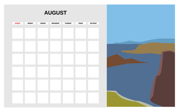 Calendar Planner August summer month. Minimal abstract contemporary landscape natural background. Monthly template for diary business. Vector isolated