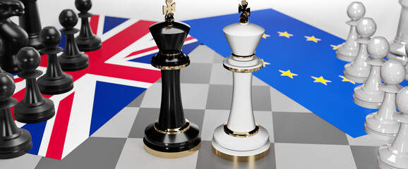 UK England and EU Europe - talks, debate, dialog or a confrontation between those two countries shown as two chess kings with flags that symbolize art of meetings and negotiations, 3d illustration