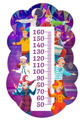 Kids height chart cartoon shapito circus clowns and performers. Vector growth measure meter ruler. Kids measuring scale with funfair clown, jesters and circus jokers with masks
