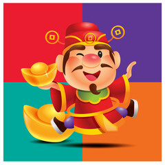 Cartoon cute god of wealth holding got ingot and jumping up with spread arm on colourful background