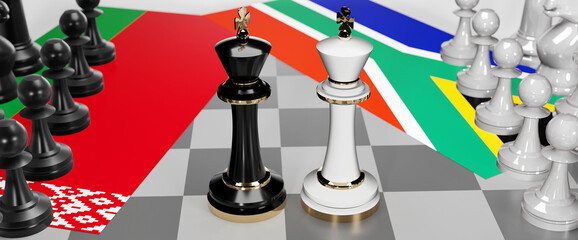 Belarus and South Africa - talks, debate, dialog or a confrontation between those two countries shown as two chess kings with flags that symbolize art of meetings and negotiations, 3d illustration