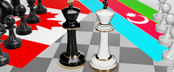 Canada and Azerbaijan - talks, debate, dialog or a confrontation between those two countries shown as two chess kings with flags that symbolize art of meetings and negotiations, 3d illustration