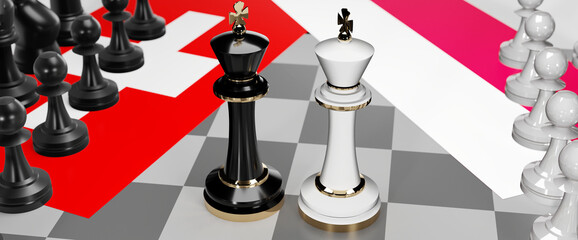 Switzerland and Poland - talks, debate, dialog or a confrontation between those two countries shown as two chess kings with flags that symbolize art of meetings and negotiations, 3d illustration