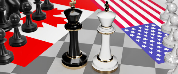 Canada and USA - talks, debate, dialog or a confrontation between those two countries shown as two chess kings with flags that symbolize art of meetings and negotiations, 3d illustration
