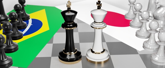 Brazil and Japan - talks, debate, dialog or a confrontation between those two countries shown as two chess kings with flags that symbolize art of meetings and negotiations, 3d illustration