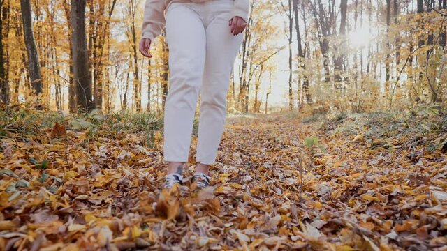 Woman legs close-up. She walking alone in amazing yellow autumn park, throws leaves at camera. Sunny forest day. Happy trendy girl rejoices, enjoying youth, freedom.