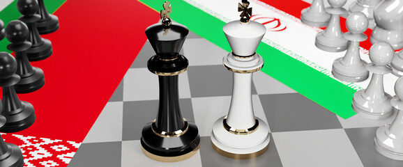 Belarus and Iran - talks, debate, dialog or a confrontation between those two countries shown as two chess kings with flags that symbolize art of meetings and negotiations, 3d illustration