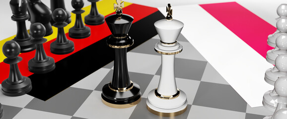 Germany and Poland - talks, debate, dialog or a confrontation between those two countries shown as two chess kings with flags that symbolize art of meetings and negotiations, 3d illustration
