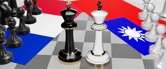 France and Taiwan - talks, debate, dialog or a confrontation between those two countries shown as two chess kings with flags that symbolize art of meetings and negotiations, 3d illustration
