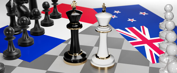 France and New Zealand - talks, debate, dialog or a confrontation between those two countries shown as two chess kings with flags that symbolize art of meetings and negotiations, 3d illustration