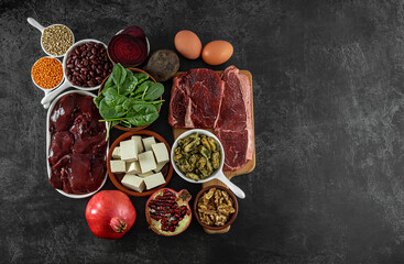 Foods high in Iron, a great source for your health, nervous and endocrine system, organic ingredients. Healthy diet concept.