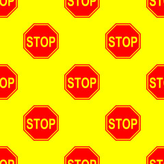 Seamless drawing depicting a stop sign on a yellow background. Stop symbol in front of danger