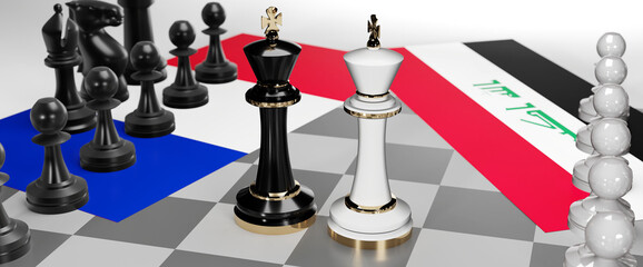 France and Iraq - talks, debate, dialog or a confrontation between those two countries shown as two chess kings with flags that symbolize art of meetings and negotiations, 3d illustration